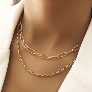 NEW NIP Gold Double Chain Paperclip necklace set | costume jewelry choker